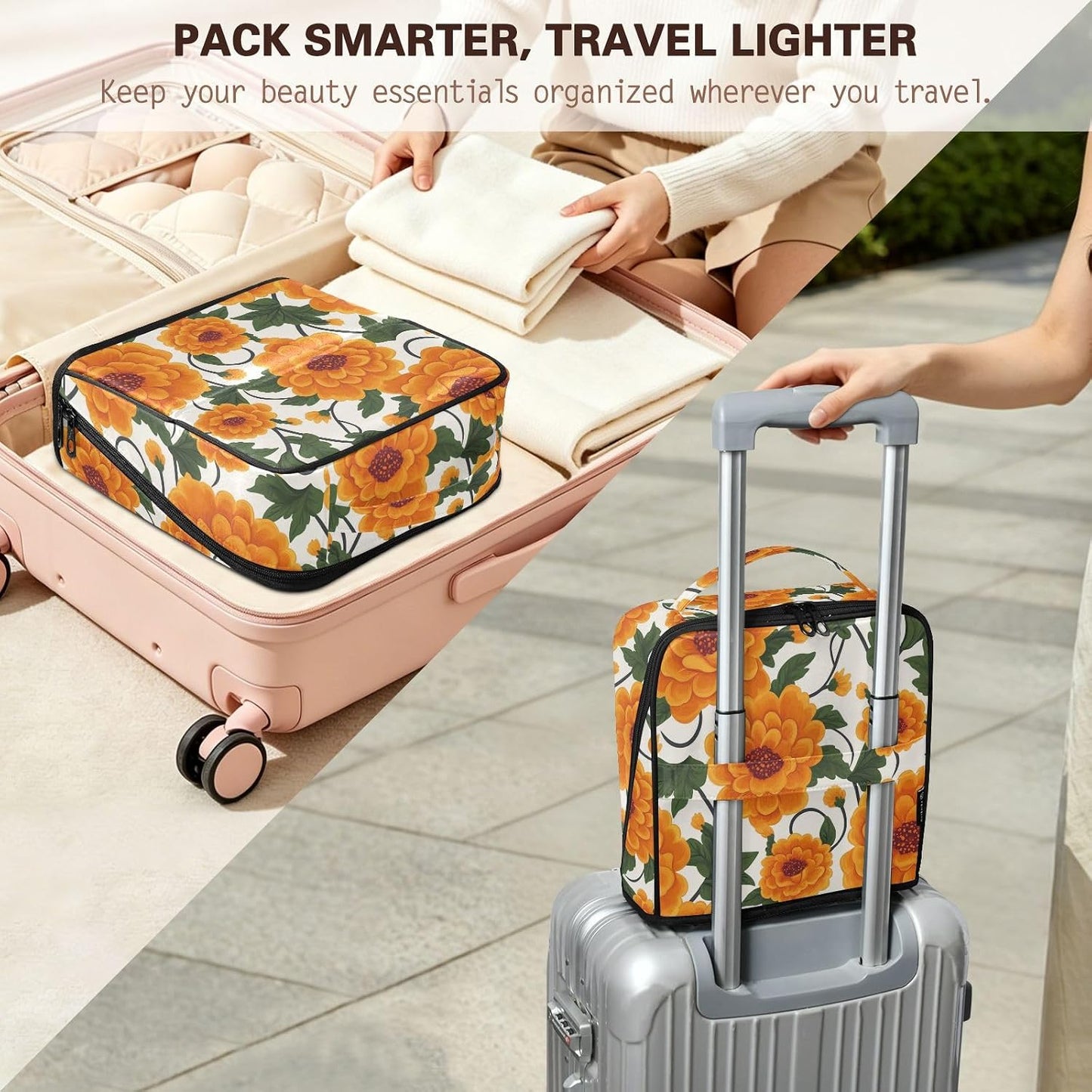 Designed Standing Makeup Bag Yellow Vintage Flowers | with dividers ,Waterproof Travel Cosmetic Bag For Women,Phone/Mirror Holder