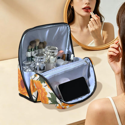 Designed Standing Makeup Bag Yellow Vintage Flowers | with dividers ,Waterproof Travel Cosmetic Bag For Women,Phone/Mirror Holder