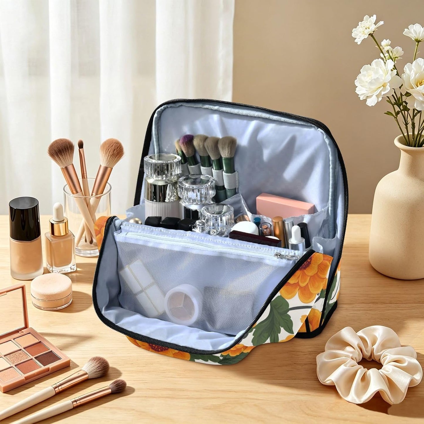 Designed Standing Makeup Bag Yellow Vintage Flowers | with dividers ,Waterproof Travel Cosmetic Bag For Women,Phone/Mirror Holder