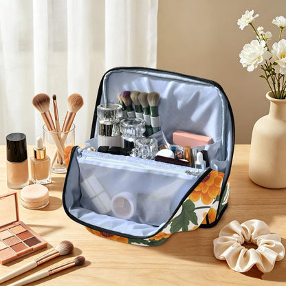 Designed Standing Makeup Bag Yellow Vintage Flowers | with dividers ,Waterproof Travel Cosmetic Bag For Women,Phone/Mirror Holder