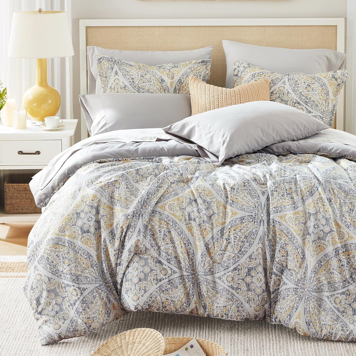 Bed in A Bag Comforter Set - Trendy Casual Design Queen Comforter with Complete Sheet Set with Side Pocket, All Season Comforter Queen, Shams, Gloria, Queen Grey/Yellow 9 Piece
