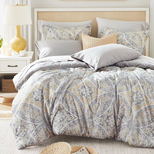 Bed in A Bag Comforter Set - Trendy Casual Design Queen Comforter with Complete Sheet Set with Side Pocket, All Season Comforter Queen, Shams, Gloria, Queen Grey/Yellow 9 Piece