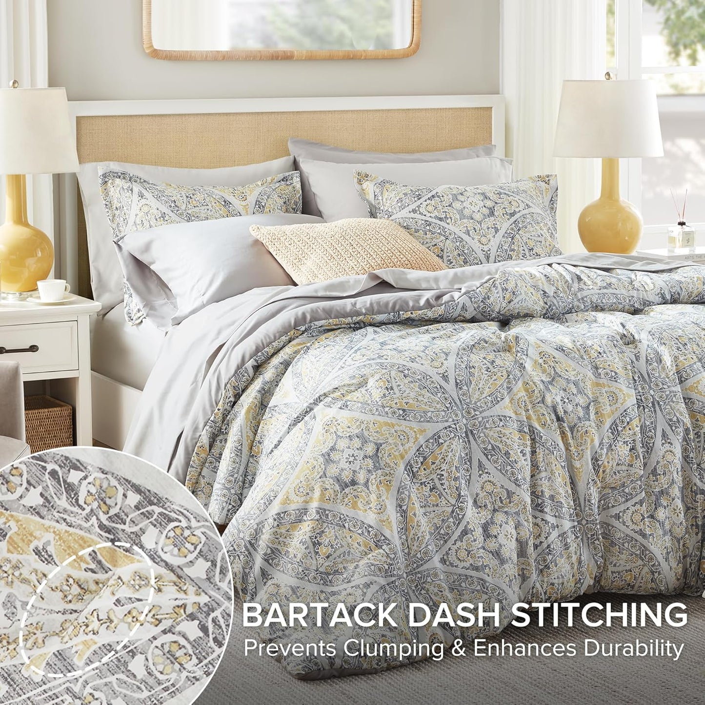 Bed in A Bag Comforter Set - Trendy Casual Design Queen Comforter with Complete Sheet Set with Side Pocket, All Season Comforter Queen, Shams, Gloria, Queen Grey/Yellow 9 Piece