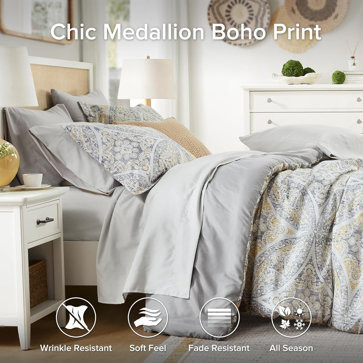 Bed in A Bag Comforter Set - Trendy Casual Design Queen Comforter with Complete Sheet Set with Side Pocket, All Season Comforter Queen, Shams, Gloria, Queen Grey/Yellow 9 Piece