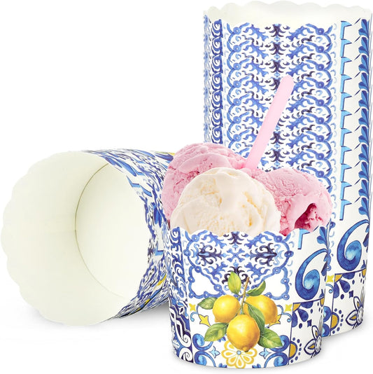 100 Pcs Summer Lemon Paper Baking Cups Yellow Blue Tile Cupcake Wrappers Scalloped Edge Cupcake Muffin Cases for Lemon Party Supplies
