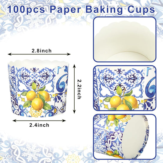 100 Pcs Summer Lemon Paper Baking Cups Yellow Blue Tile Cupcake Wrappers Scalloped Edge Cupcake Muffin Cases for Lemon Party Supplies