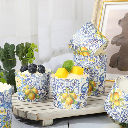 100 Pcs Summer Lemon Paper Baking Cups Yellow Blue Tile Cupcake Wrappers Scalloped Edge Cupcake Muffin Cases for Lemon Party Supplies