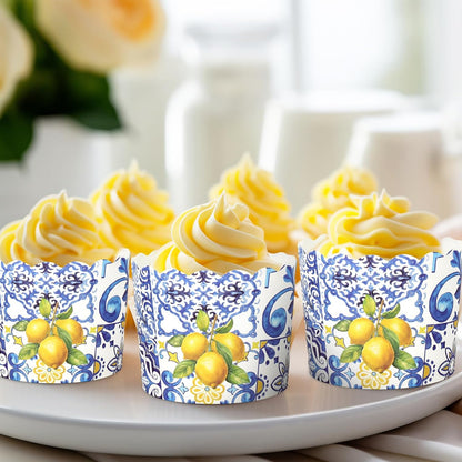 100 Pcs Summer Lemon Paper Baking Cups Yellow Blue Tile Cupcake Wrappers Scalloped Edge Cupcake Muffin Cases for Lemon Party Supplies