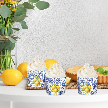 100 Pcs Summer Lemon Paper Baking Cups Yellow Blue Tile Cupcake Wrappers Scalloped Edge Cupcake Muffin Cases for Lemon Party Supplies