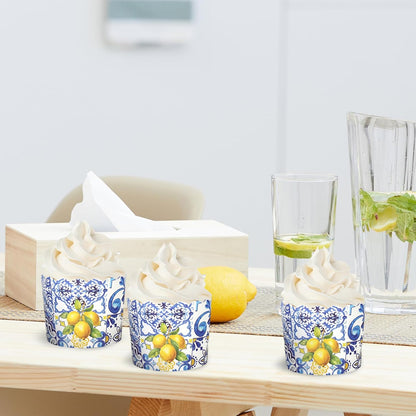 100 Pcs Summer Lemon Paper Baking Cups Yellow Blue Tile Cupcake Wrappers Scalloped Edge Cupcake Muffin Cases for Lemon Party Supplies
