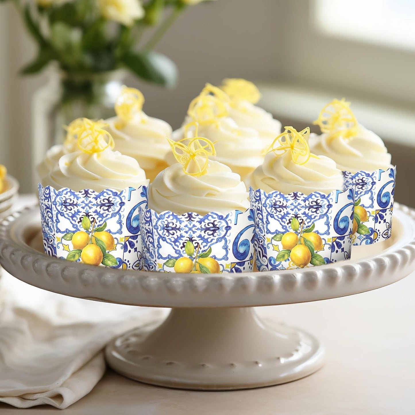 100 Pcs Summer Lemon Paper Baking Cups Yellow Blue Tile Cupcake Wrappers Scalloped Edge Cupcake Muffin Cases for Lemon Party Supplies