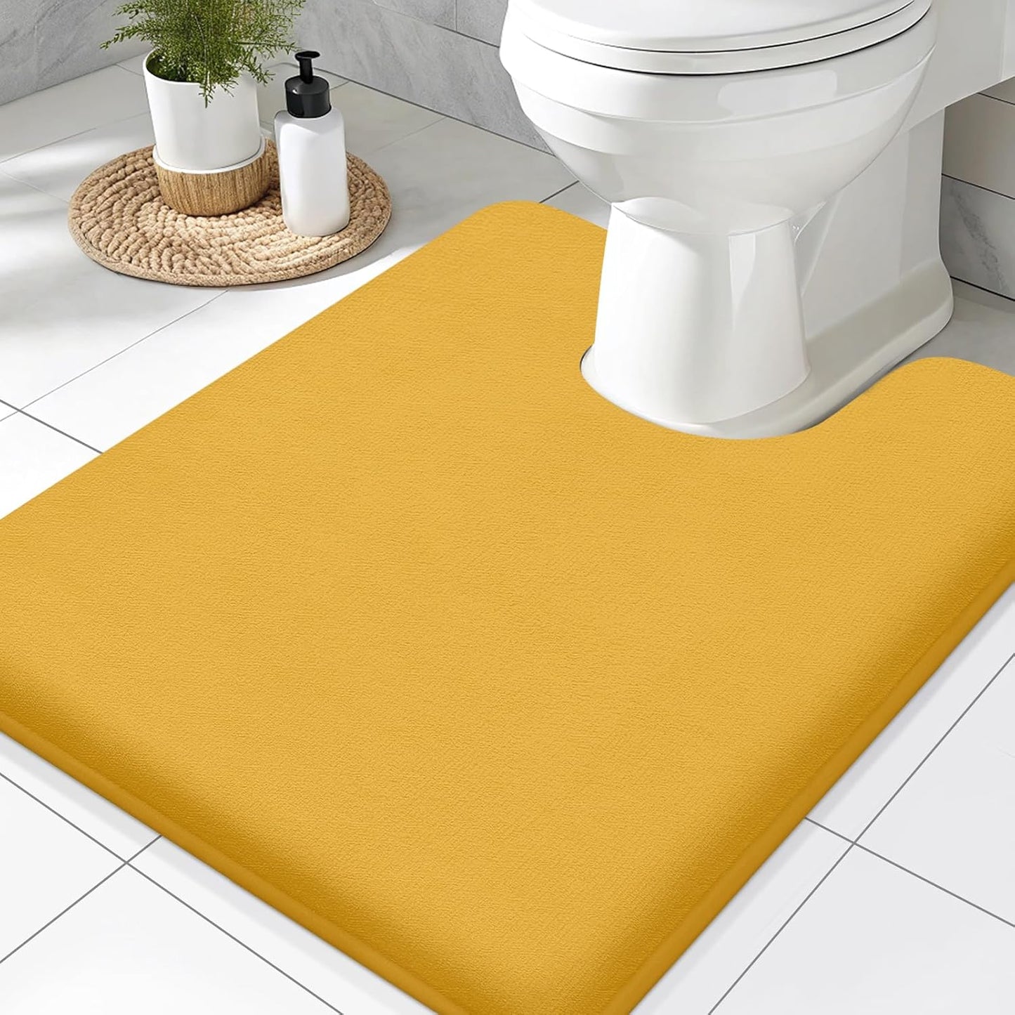 Memory Foam Toilet Rugs U-Shaped 24x20, Extra Soft Absorbent Non-Slip Contour Bathroom Rugs, Machine Washable Bath Mats for Toilet, Yellow