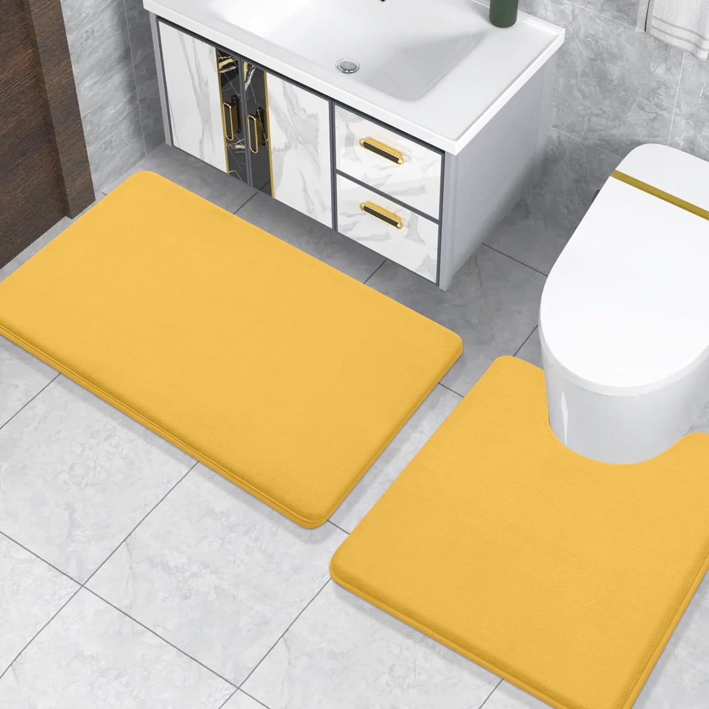 Memory Foam Toilet Rugs U-Shaped 24x20, Extra Soft Absorbent Non-Slip Contour Bathroom Rugs, Machine Washable Bath Mats for Toilet, Yellow