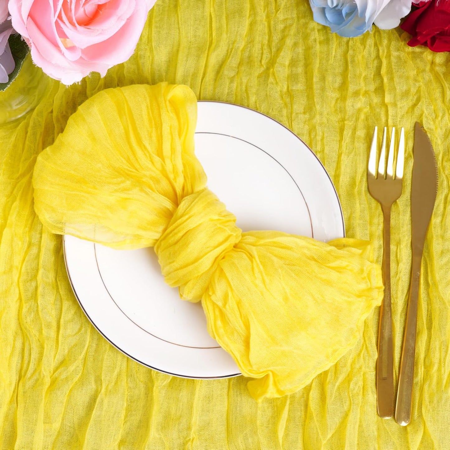 6pcs Cheesecloth Napkins 20 x 20 Inch Boho Dinner Napkins Wrinkled Rustic Linen Table Decorative Cloth Napkins for Wedding Party Baby Shower Family Everyday Use (Lemon Yellow)
