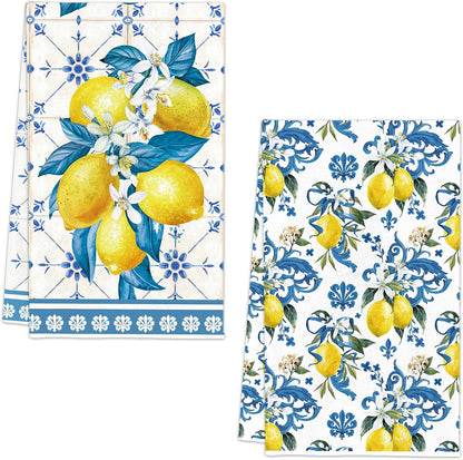 Lemon Summer Kitchen Towels, Bule Diamond Check Bamboo Lemon Dish Towels Set of 2 for Bathroom Decor, 18x26Inch Drying Dishcloth Farmhouse Holiday Summer Decoration