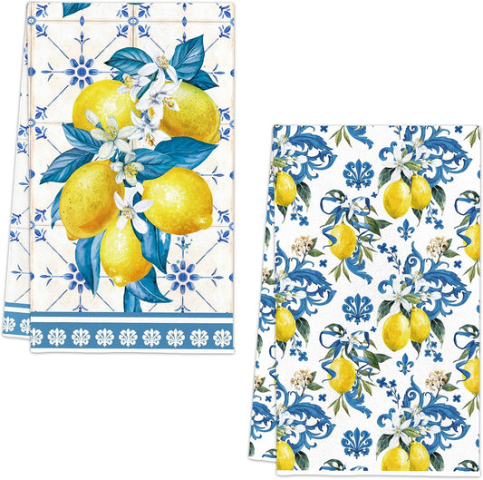 Lemon Summer Kitchen Towels, Bule Diamond Check Bamboo Lemon Dish Towels Set of 2 for Bathroom Decor, 18x26Inch Drying Dishcloth Farmhouse Holiday Summer Decoration