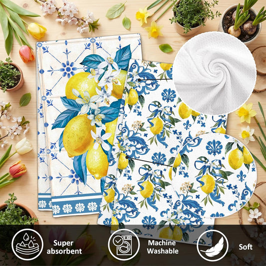 Lemon Summer Kitchen Towels, Bule Diamond Check Bamboo Lemon Dish Towels Set of 2 for Bathroom Decor, 18x26Inch Drying Dishcloth Farmhouse Holiday Summer Decoration