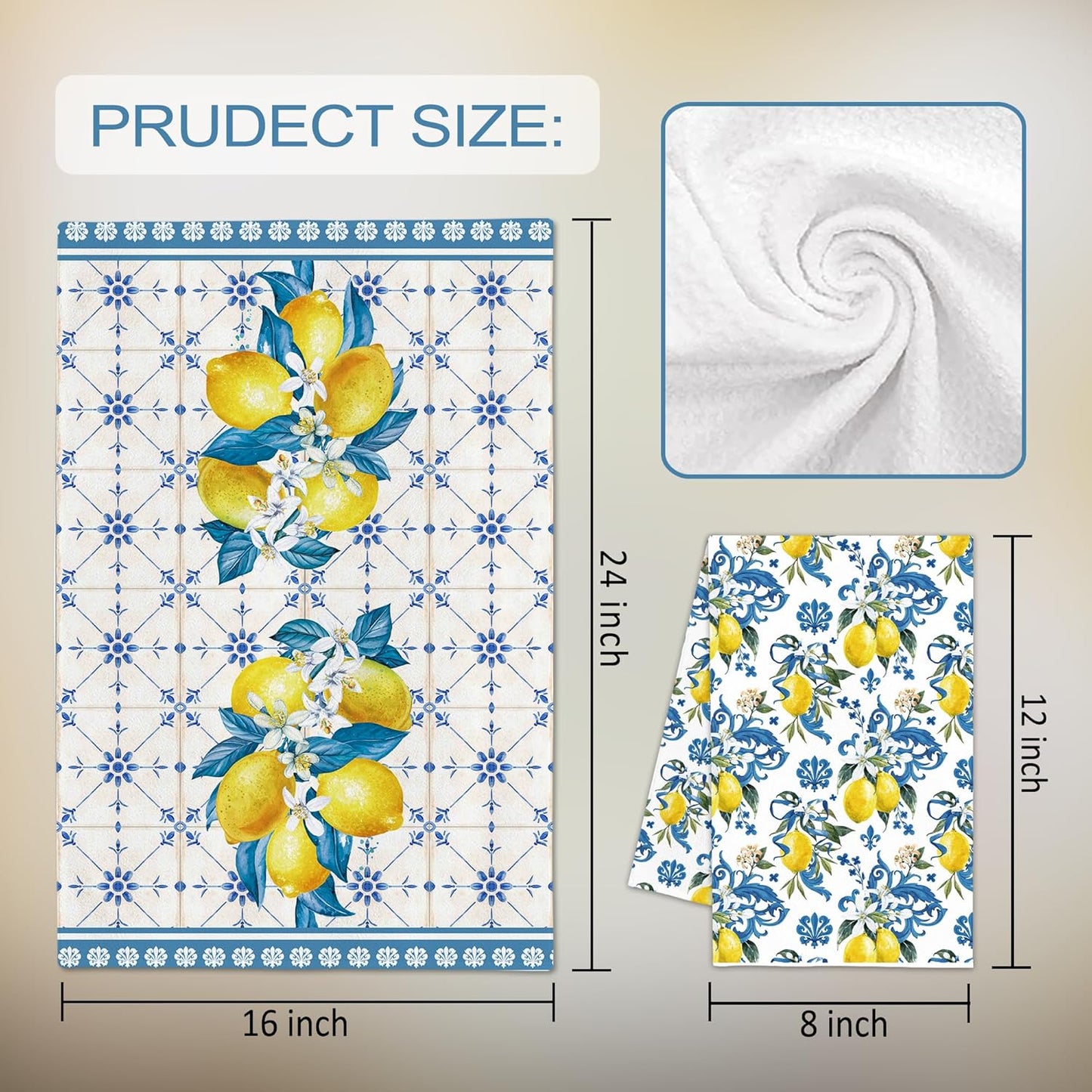 Lemon Summer Kitchen Towels, Bule Diamond Check Bamboo Lemon Dish Towels Set of 2 for Bathroom Decor, 18x26Inch Drying Dishcloth Farmhouse Holiday Summer Decoration