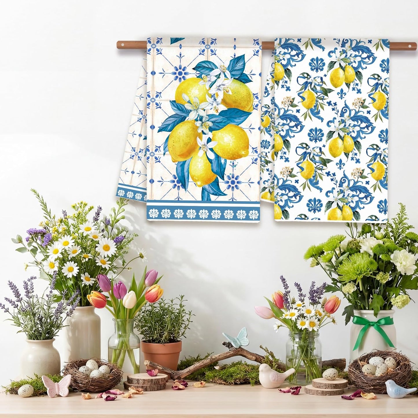 Lemon Summer Kitchen Towels, Bule Diamond Check Bamboo Lemon Dish Towels Set of 2 for Bathroom Decor, 18x26Inch Drying Dishcloth Farmhouse Holiday Summer Decoration