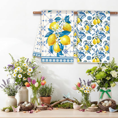 Lemon Summer Kitchen Towels, Bule Diamond Check Bamboo Lemon Dish Towels Set of 2 for Bathroom Decor, 18x26Inch Drying Dishcloth Farmhouse Holiday Summer Decoration