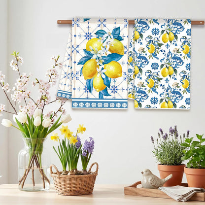Lemon Summer Kitchen Towels, Bule Diamond Check Bamboo Lemon Dish Towels Set of 2 for Bathroom Decor, 18x26Inch Drying Dishcloth Farmhouse Holiday Summer Decoration