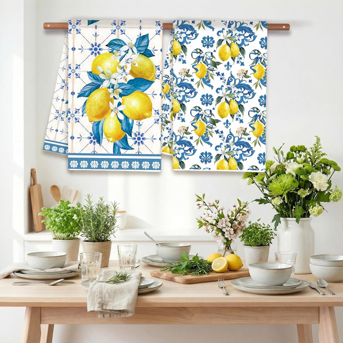 Lemon Summer Kitchen Towels, Bule Diamond Check Bamboo Lemon Dish Towels Set of 2 for Bathroom Decor, 18x26Inch Drying Dishcloth Farmhouse Holiday Summer Decoration