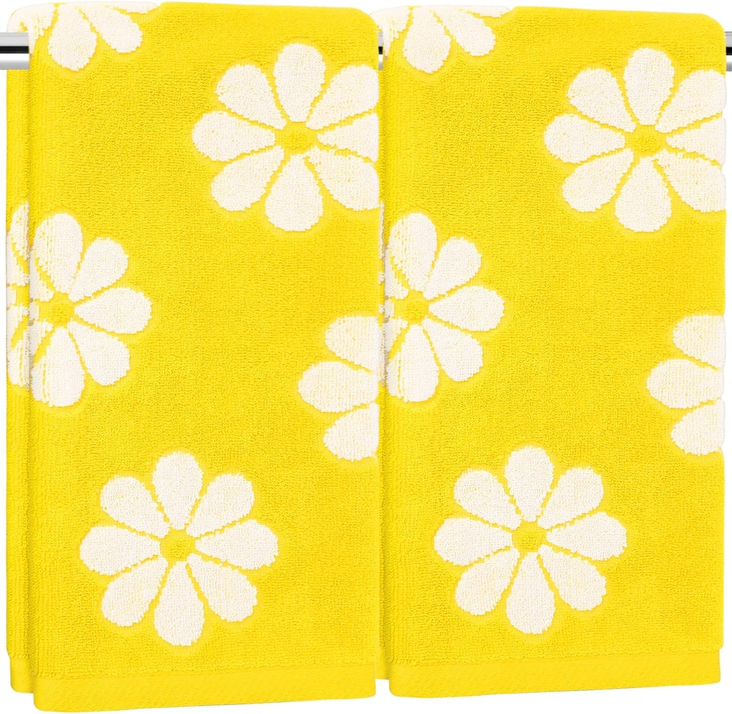 2 Pcs Floral Hand Towels Yellow Daisy Flower Jacquard Cotton Bath Towel Spring Absorbent Dish Towel for Housewarming Home Kitchen Bathroom Decor Gift Set