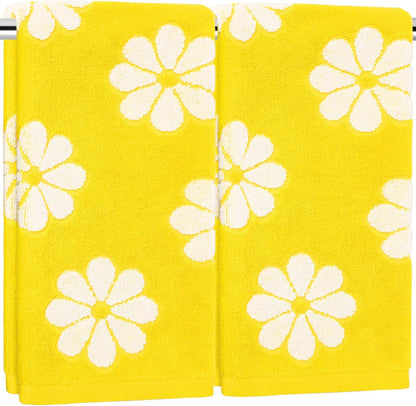 2 Pcs Floral Hand Towels Yellow Daisy Flower Jacquard Cotton Bath Towel Spring Absorbent Dish Towel for Housewarming Home Kitchen Bathroom Decor Gift Set