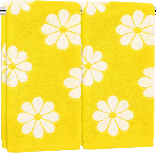 2 Pcs Floral Hand Towels Yellow Daisy Flower Jacquard Cotton Bath Towel Spring Absorbent Dish Towel for Housewarming Home Kitchen Bathroom Decor Gift Set