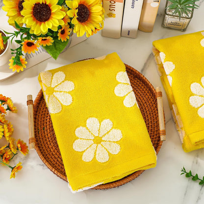 2 Pcs Floral Hand Towels Yellow Daisy Flower Jacquard Cotton Bath Towel Spring Absorbent Dish Towel for Housewarming Home Kitchen Bathroom Decor Gift Set