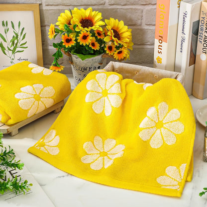 2 Pcs Floral Hand Towels Yellow Daisy Flower Jacquard Cotton Bath Towel Spring Absorbent Dish Towel for Housewarming Home Kitchen Bathroom Decor Gift Set
