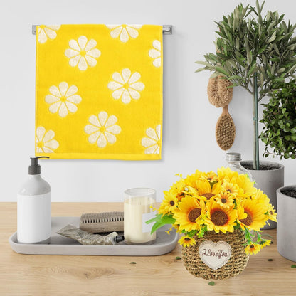 2 Pcs Floral Hand Towels Yellow Daisy Flower Jacquard Cotton Bath Towel Spring Absorbent Dish Towel for Housewarming Home Kitchen Bathroom Decor Gift Set