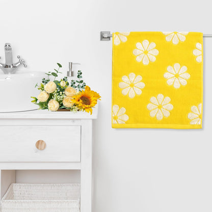 2 Pcs Floral Hand Towels Yellow Daisy Flower Jacquard Cotton Bath Towel Spring Absorbent Dish Towel for Housewarming Home Kitchen Bathroom Decor Gift Set