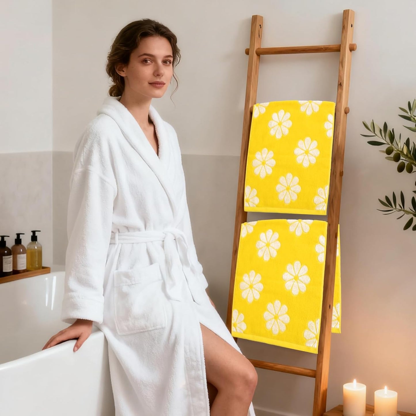 2 Pcs Floral Hand Towels Yellow Daisy Flower Jacquard Cotton Bath Towel Spring Absorbent Dish Towel for Housewarming Home Kitchen Bathroom Decor Gift Set