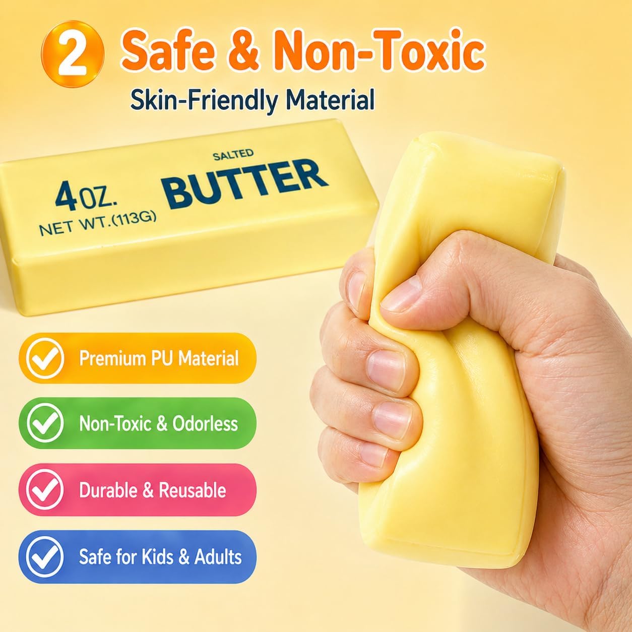 2PCS Butter Stick Squishy Toys, Soft Slow Rising Squeeze Fidget Toys, Stress Relief Squishies for Office Desk, Party Favors, Birthday Gifts for Kids & Adults (Yellow & Pink)