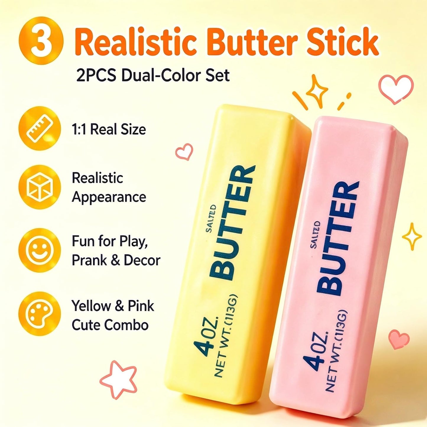 2PCS Butter Stick Squishy Toys, Soft Slow Rising Squeeze Fidget Toys, Stress Relief Squishies for Office Desk, Party Favors, Birthday Gifts for Kids & Adults (Yellow & Pink)