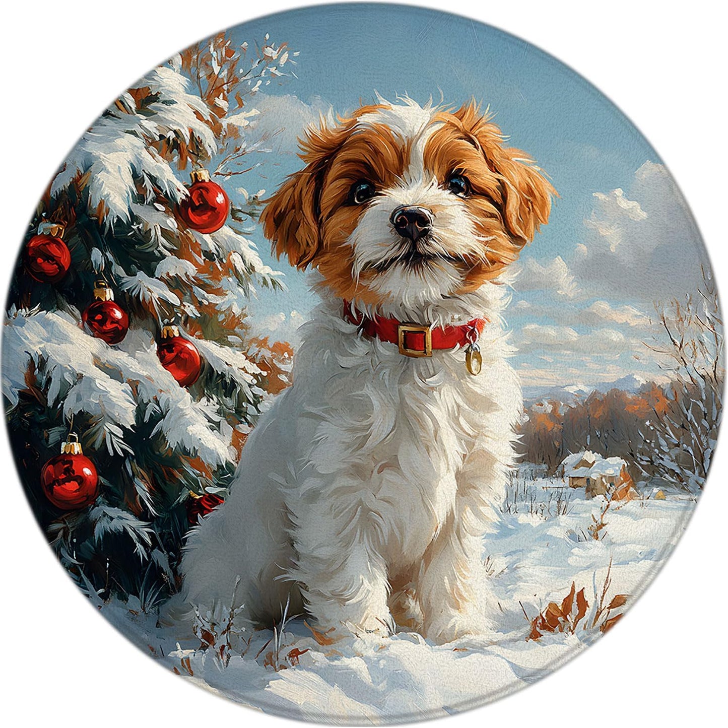 Winter Dog Round Rug 2ft-Cute Dog Xmas Pine Tree Ball Snowy Forest Yellow Leaves Snowflake Pet Snow Holiday Bathroom Rug Microfiber Memory Foam Area Rugs for Living Room Kitchen Bath Floor Rugs