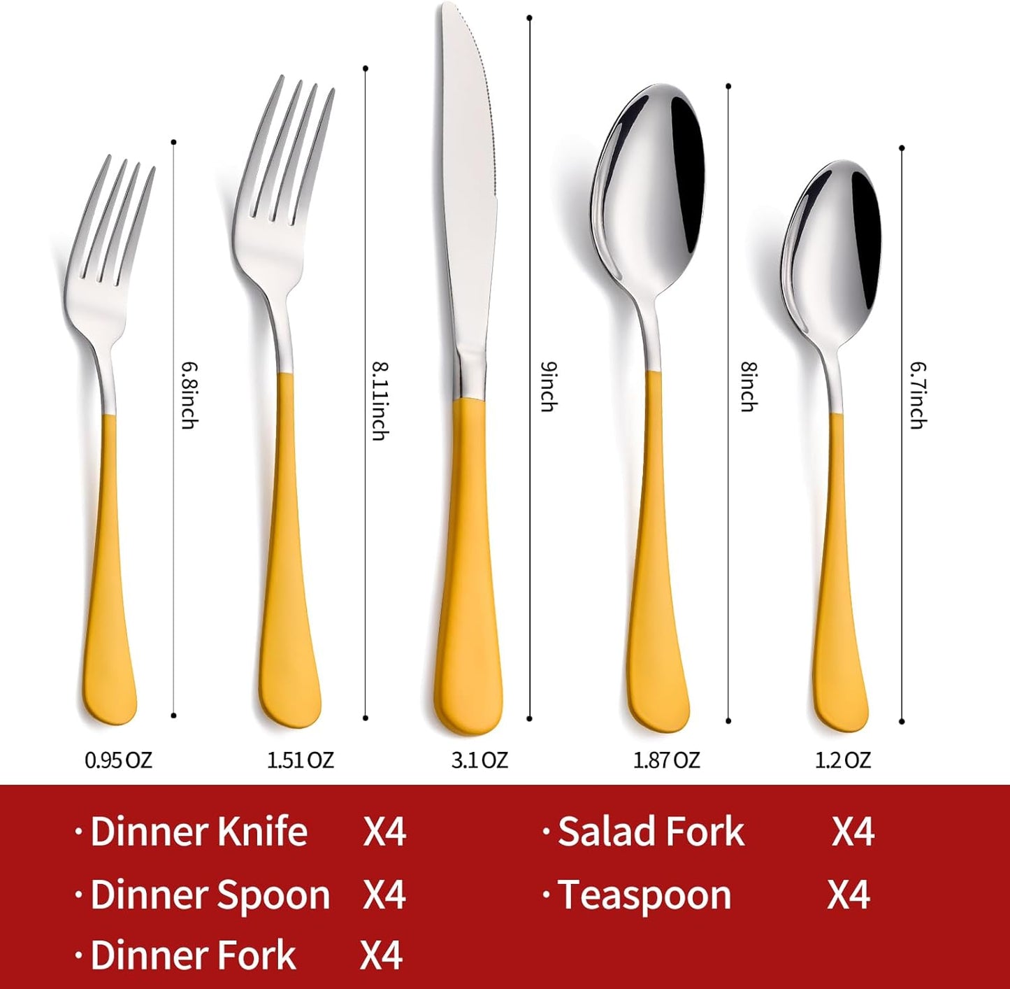 20-Piece Yellow Silverware Set 18/0 Stainless Steel Flatware Yellow Handle Cutlery Set Service for 4 Dinner Knives Forks Spoons Set Mirror Finish Dishwasher Safe