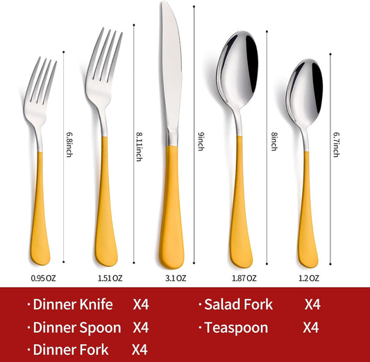 20-Piece Yellow Silverware Set 18/0 Stainless Steel Flatware Yellow Handle Cutlery Set Service for 4 Dinner Knives Forks Spoons Set Mirror Finish Dishwasher Safe