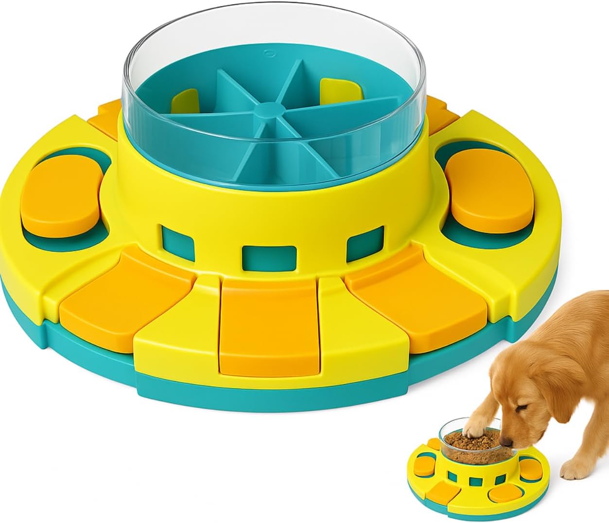 Interactive Dog Puzzle Bowl, Yellow and Blue, Slow Feeder with 3 Food Channels, Brain Development Training Toy for Dogs