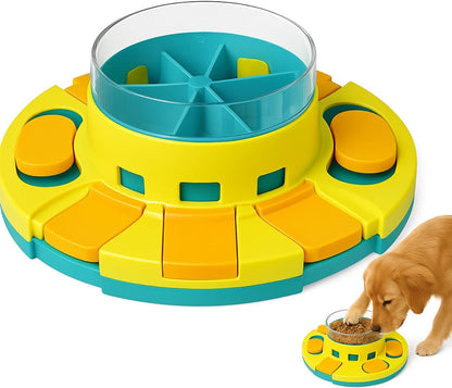 Interactive Dog Puzzle Bowl, Yellow and Blue, Slow Feeder with 3 Food Channels, Brain Development Training Toy for Dogs