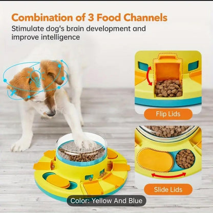 Interactive Dog Puzzle Bowl, Yellow and Blue, Slow Feeder with 3 Food Channels, Brain Development Training Toy for Dogs