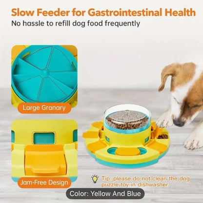 Interactive Dog Puzzle Bowl, Yellow and Blue, Slow Feeder with 3 Food Channels, Brain Development Training Toy for Dogs
