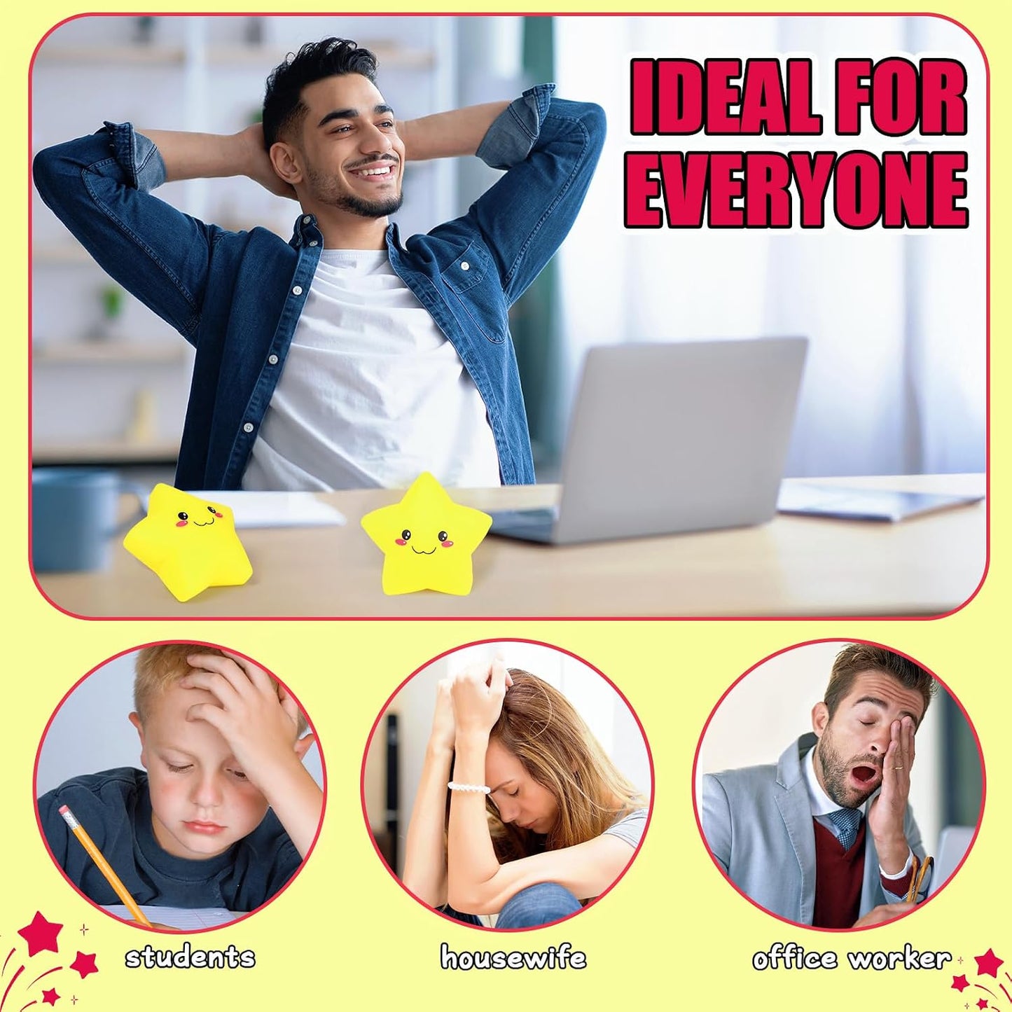 Squishy Star Stress Balls for Adults and Kids, Star Squishy Fidget Toys, Cute Stress Relief Sensory Toys for Autism ADHD Anxiety, Soft Dough Squeeze Ball, Party Favors Birthday for Girls Boys (Yellow)