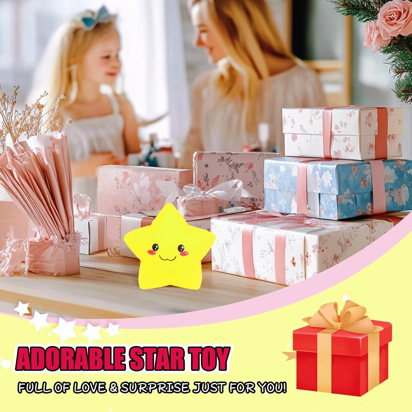Squishy Star Stress Balls for Adults and Kids, Star Squishy Fidget Toys, Cute Stress Relief Sensory Toys for Autism ADHD Anxiety, Soft Dough Squeeze Ball, Party Favors Birthday for Girls Boys (Yellow)