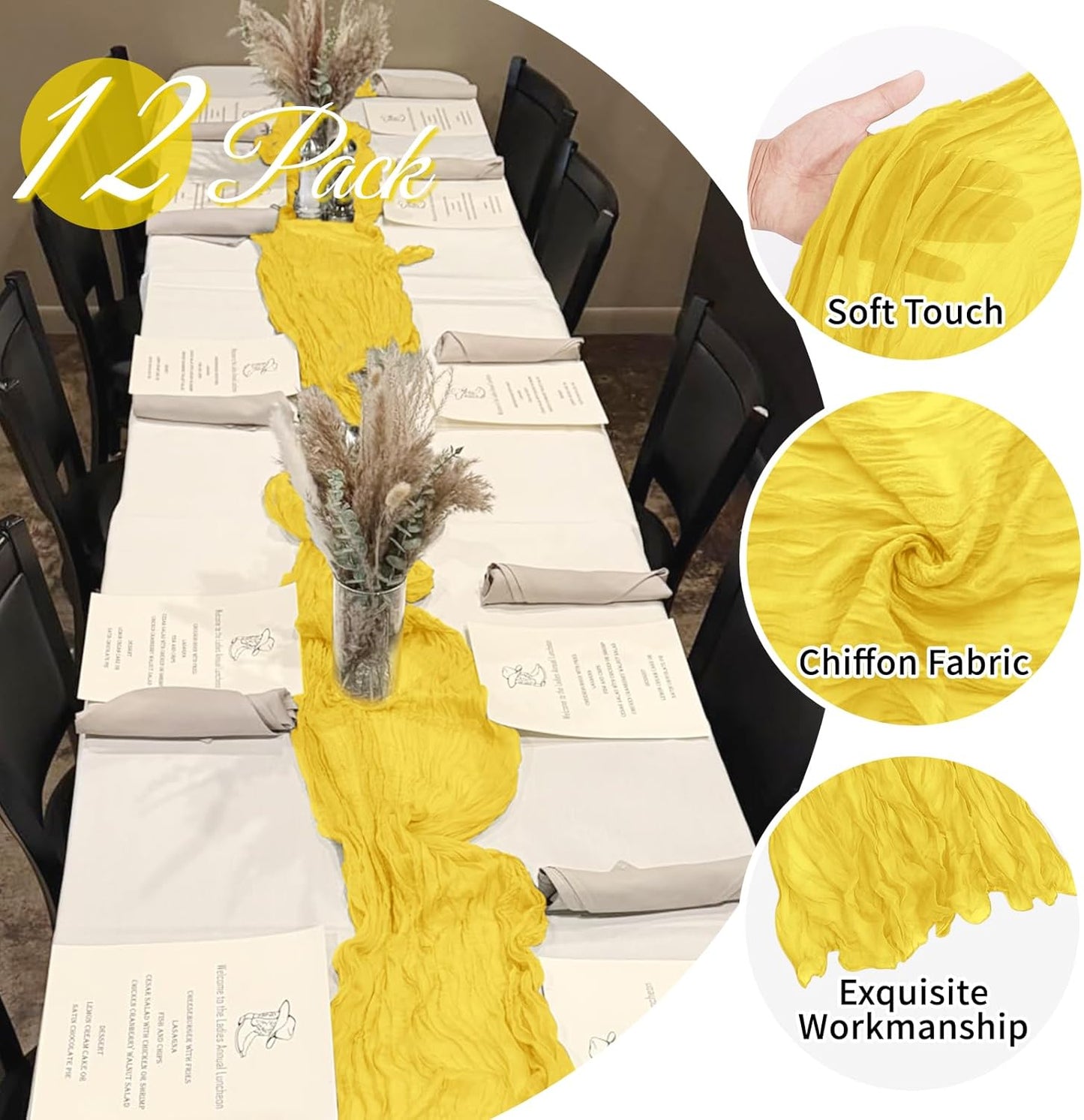 12 Pack Lemon Yellow Cheesecloth Table Runner 20 x 120 Inch Gauze Table Runner Fabric Semi Sheer Cheese Cloth Table Decor Bulk for Rustic Romantic Wedding Baby Shower Party Table Decoration