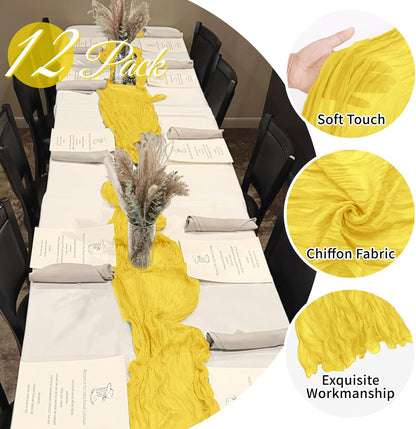 12 Pack Lemon Yellow Cheesecloth Table Runner 20 x 120 Inch Gauze Table Runner Fabric Semi Sheer Cheese Cloth Table Decor Bulk for Rustic Romantic Wedding Baby Shower Party Table Decoration