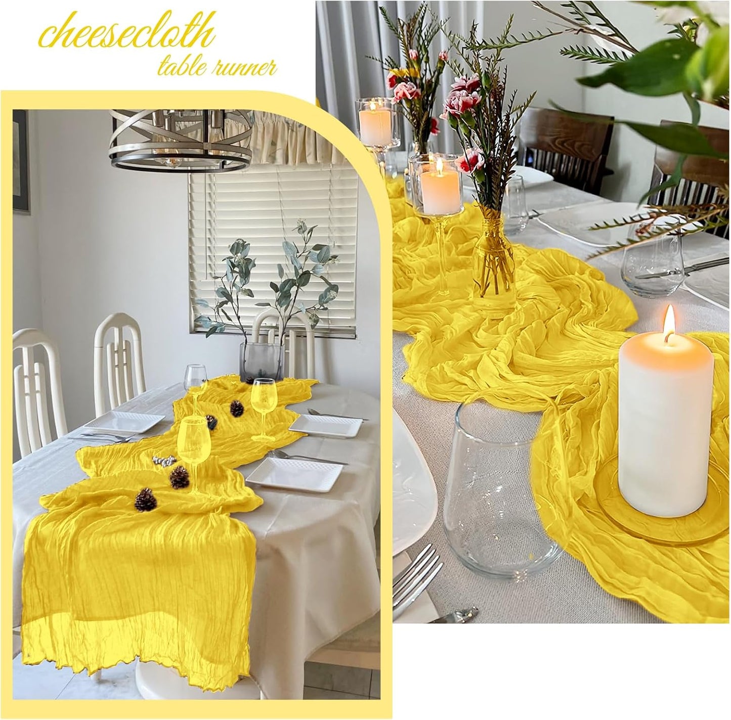 12 Pack Lemon Yellow Cheesecloth Table Runner 20 x 120 Inch Gauze Table Runner Fabric Semi Sheer Cheese Cloth Table Decor Bulk for Rustic Romantic Wedding Baby Shower Party Table Decoration