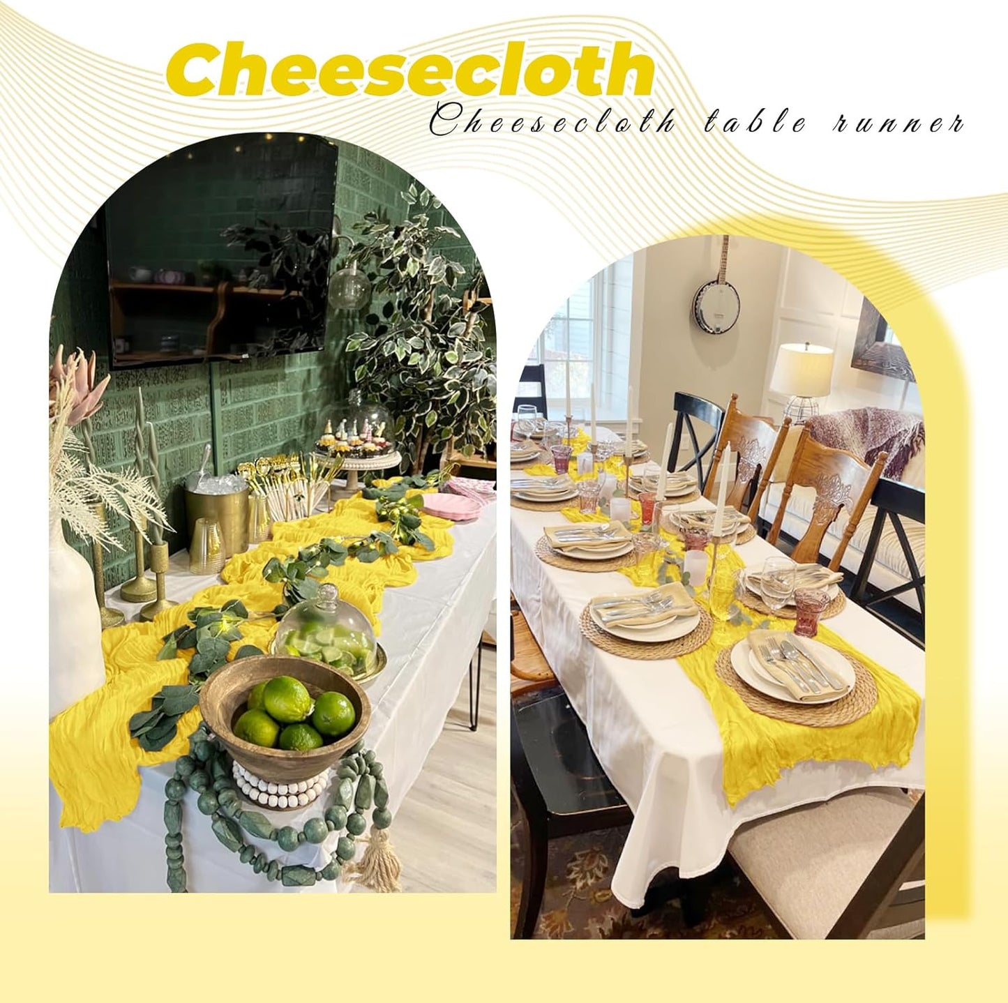 12 Pack Lemon Yellow Cheesecloth Table Runner 20 x 120 Inch Gauze Table Runner Fabric Semi Sheer Cheese Cloth Table Decor Bulk for Rustic Romantic Wedding Baby Shower Party Table Decoration