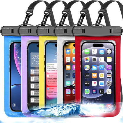 5 Pack Multicolor Waterproof Phone Pouch, Cell Phone Case Dry Bag,Protection Level: IP68,Beach Cruise for iPhone,Samsung,and More,Lanyard Included,(Fits Up to 8.3"),White,Blue,Red,Purple,Yellow